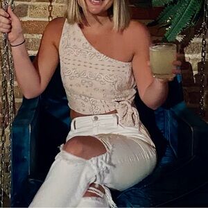 Asymmetrical Tie-Front Crop Top in pink with Light Blue Paisley Print